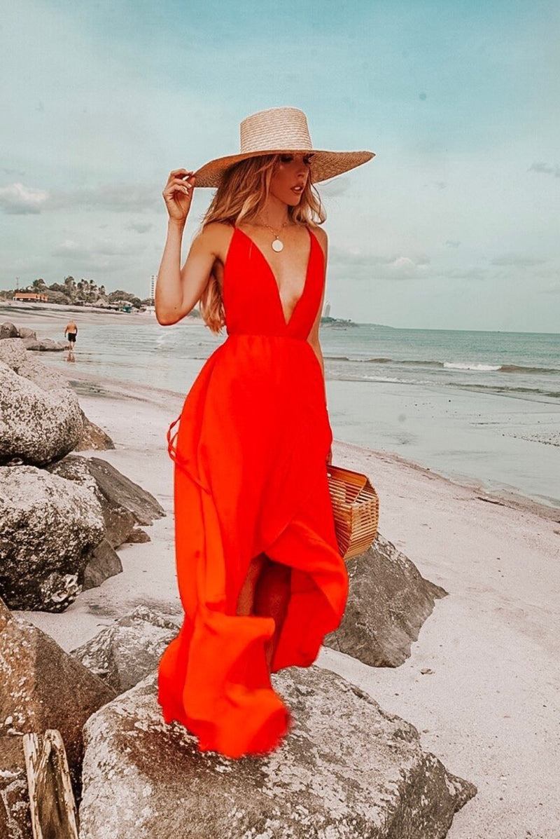 Wrap Maxi Dress with Open Back - Red