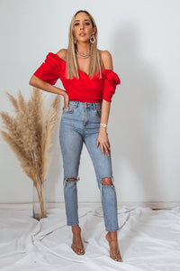 Ruffle Cap-Sleeve Top - Red