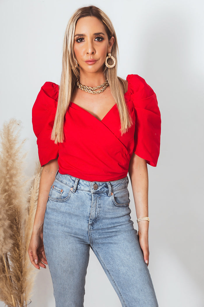 Ruffle Cap-Sleeve Top - Red