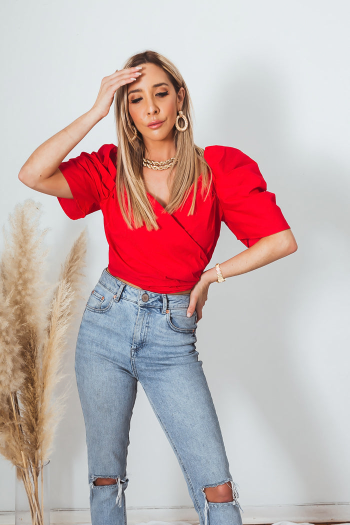 Ruffle Cap-Sleeve Top - Red