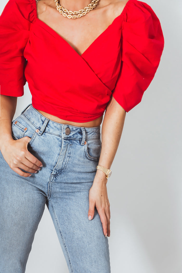 Ruffle Cap-Sleeve Top - Red