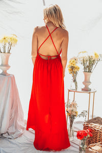 Wrap Maxi Dress with Open Back - Red