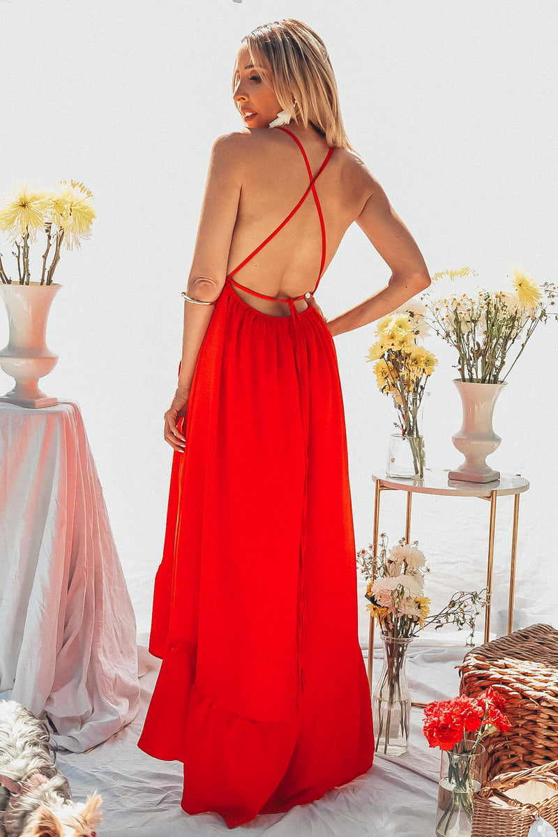 Wrap Maxi Dress with Open Back - Red