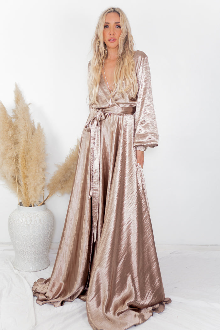 Ultra-Shine Deep-V Satin Maxi Dress - Champagne – Haute & Rebellious