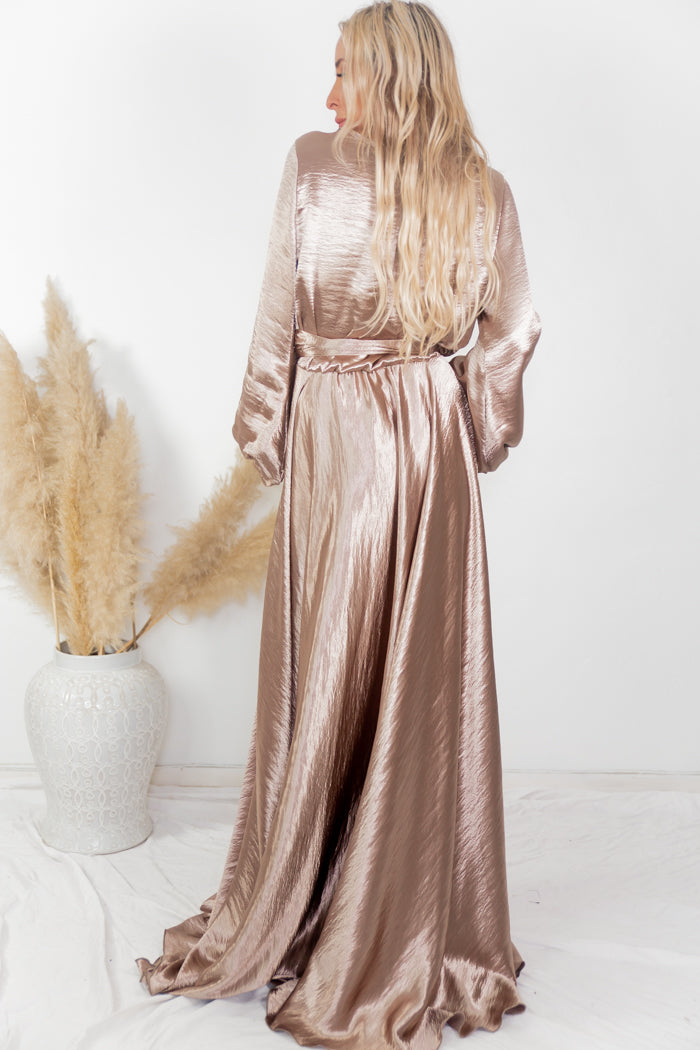 Ultra-Shine Deep-V Satin Maxi Dress - Champagne – Haute & Rebellious