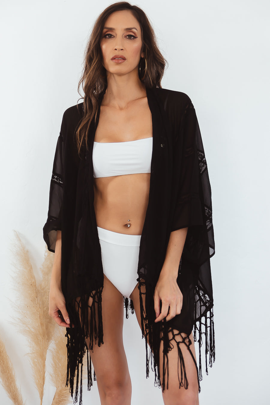 BrandLabel Black Lace store Fringe Lace Open Kimono