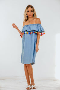 Off-Shoulder Ruffle Dress with Pom-Poms