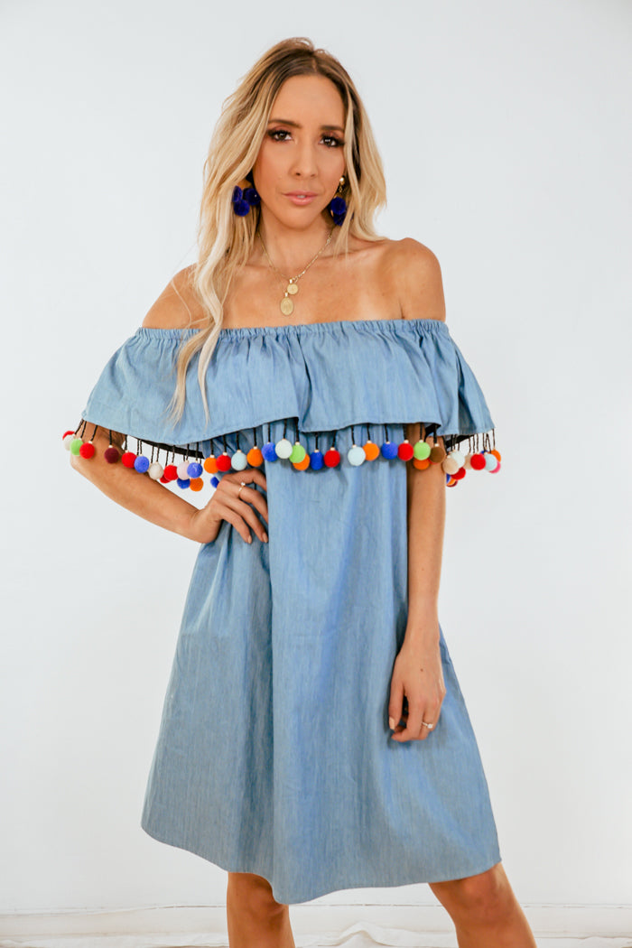 Off-Shoulder Ruffle Dress with Pom-Poms