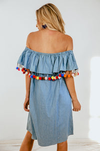 Off-Shoulder Ruffle Dress with Pom-Poms