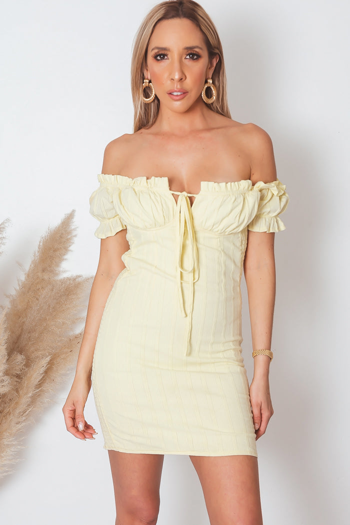 Off-Shoulder Ruched Mini Dress - Yellow – Haute & Rebellious